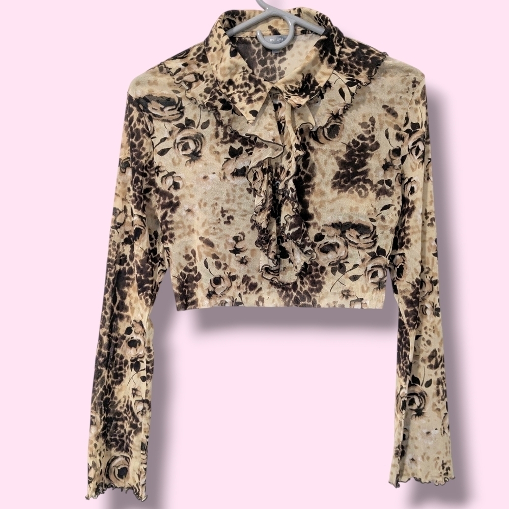 Per Una Vintage Brown Rose Floral Sheer Ruffle Collared Long Sleeve Cropped Top
